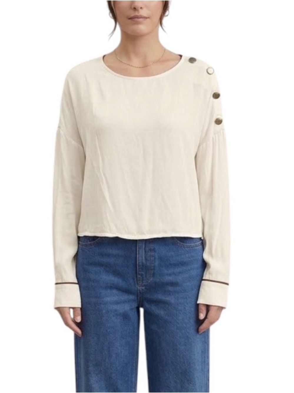 Zara Cream Blouse Gold Buttons Piping Office S